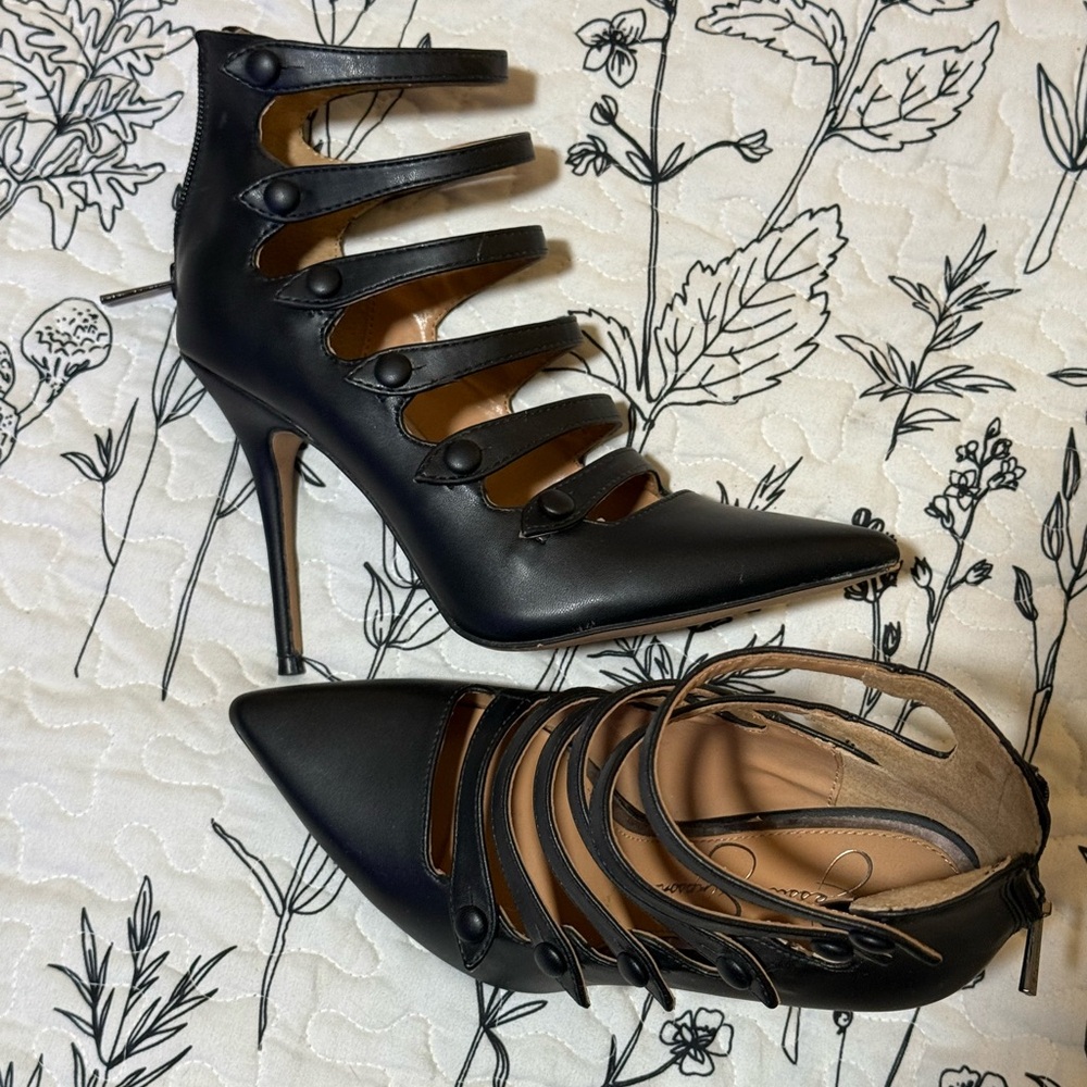 Jessica Simpson Black Stiletto Heels with Strappy Design